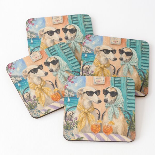 Item preview, Retro Greyhound Dogs Italian Coastal Cafe Painting    designed and sold by Goldenwhimsy.