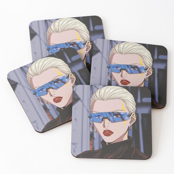 Item preview, Platinum Blonde Cyberpunk Woman Blue Visor Red Lips Anime Portrait designed and sold by Virtuoussignal.