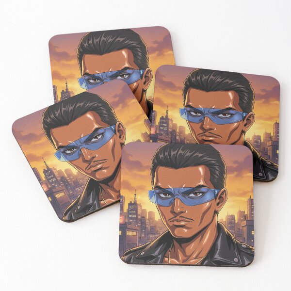 Item preview, Cyberpunk Man Blue Visor City Skyline Sunset Retro Anime Portrait designed and sold by Virtuoussignal.