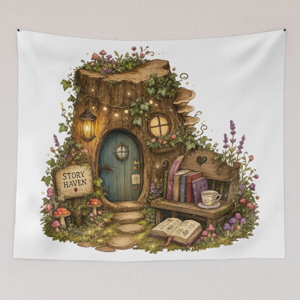 Item preview, Story Haven Enchanted Tree Stump Library Cozy Cottagecore Book Lover Art designed and sold by inkoutninja.