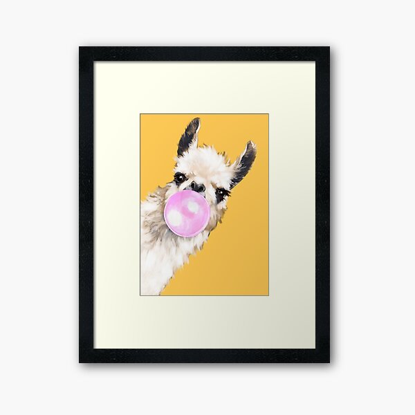 Bubble Gum Sneaky Llama in Mustard Yellow Framed Art Print
