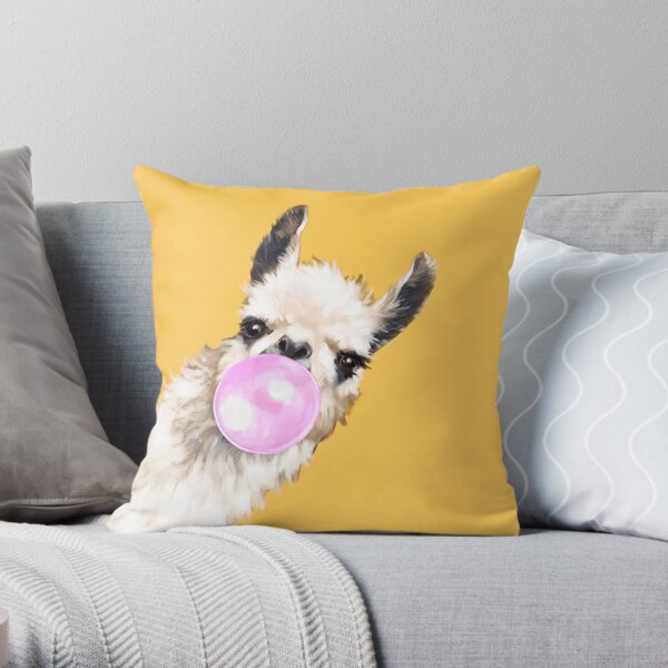 Bubble Gum Sneaky Llama in Mustard Yellow Throw Pillow