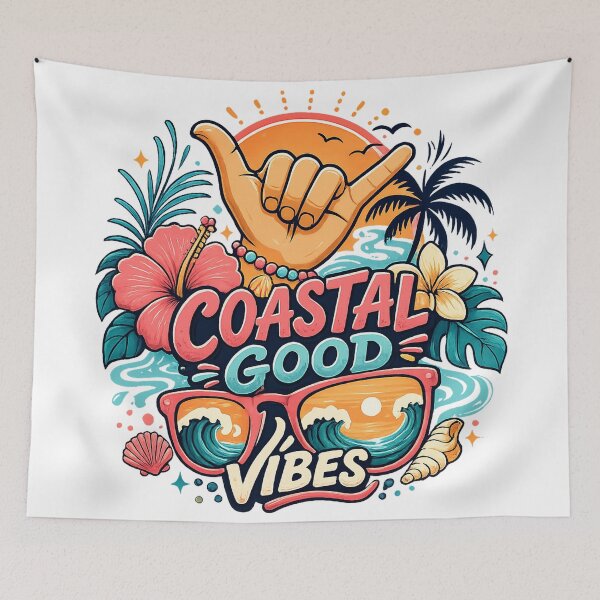Item preview, Coastal Good Vibes Tropical Shaka Hand Beach Sunset Retro Summer Surf Art designed and sold by inkoutninja.