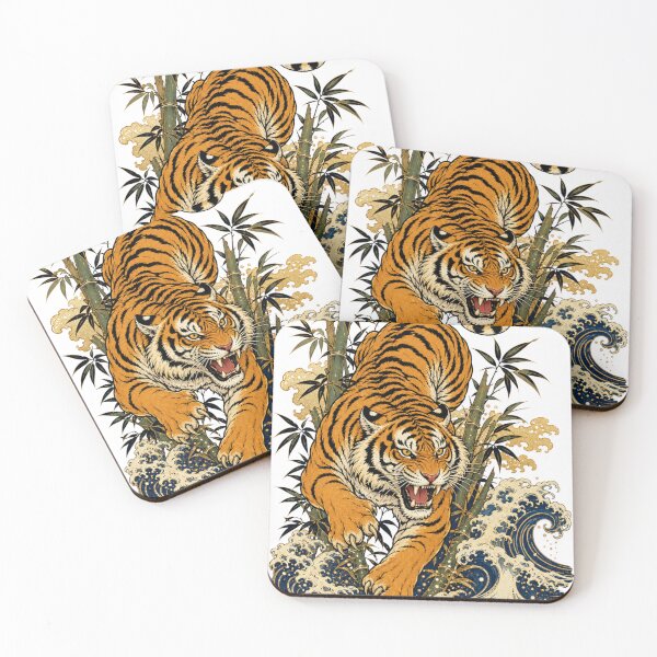 Item preview, Fierce Japanese Tiger Bamboo Ocean Waves Ukiyo-e Tattoo Art designed and sold by vekotpu.
