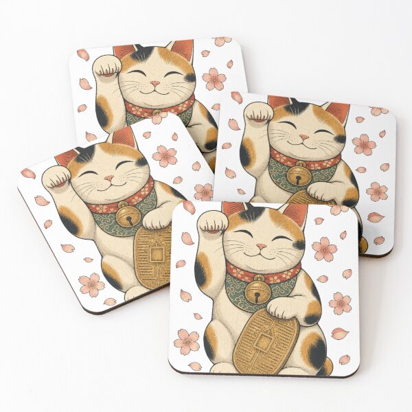 Item preview, Lucky Beckoning Cat Maneki Neko Calico Japanese Ukiyo-e Sakura Cherry Blossom designed and sold by vekotpu.