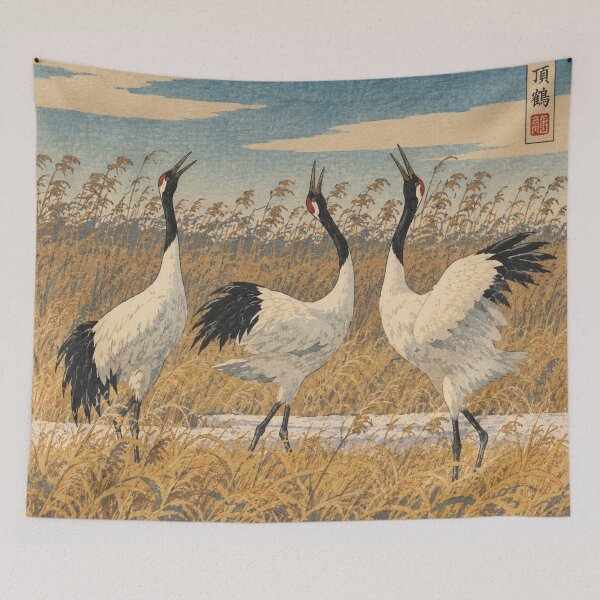 Item preview, Winter Cranes in Reed Marsh Japanese Woodblock Art designed and sold by BLUESKY11a.