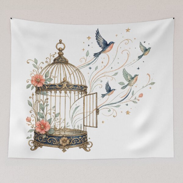 Item preview, Birds of Freedom Vintage Golden Birdcage Floral Songbirds Cottagecore Art designed and sold by inkoutninja.