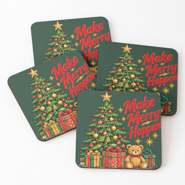 Item preview, Make Merry Happen Retro Christmas Tree & Teddy Bear Art designed and sold by lungpleecha.