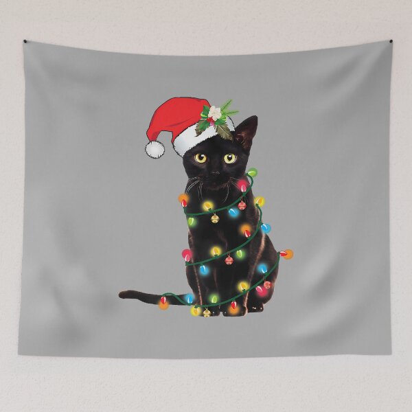 Item preview, Santa Black Cat Tangled Up in Christmas Tree Lights Holiday designed and sold by ArleneRowe.