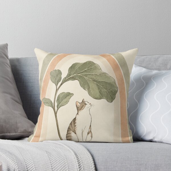 Item preview, Cat Under a Fig Leaf Line Art | Whimsical Plant Umbrella Sage Terracotta Cat Lover Illustration designed and sold by Zaramodo.