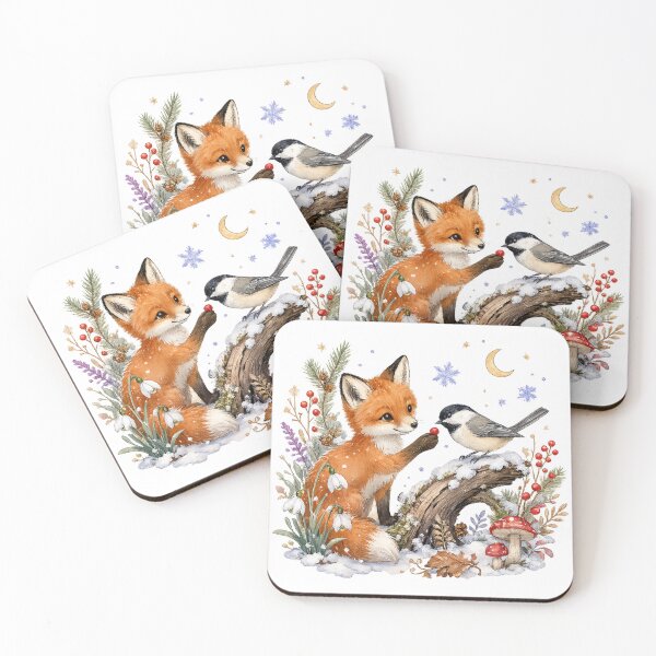 Item preview, Winter Woodland Friends Cute Fox and Chickadee Snowy Forest Cottagecore Art designed and sold by inkoutninja.