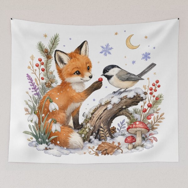 Item preview, Winter Woodland Friends Cute Fox and Chickadee Snowy Forest Cottagecore Art designed and sold by inkoutninja.