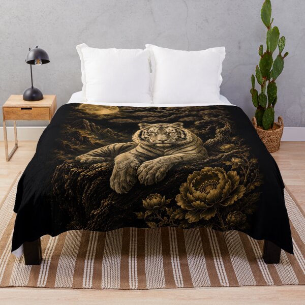 Item preview, White Tiger Under Full Moon – Golden Pine Tree Black and Gold Asian Fantasy Art designed and sold by ManJiangHong.