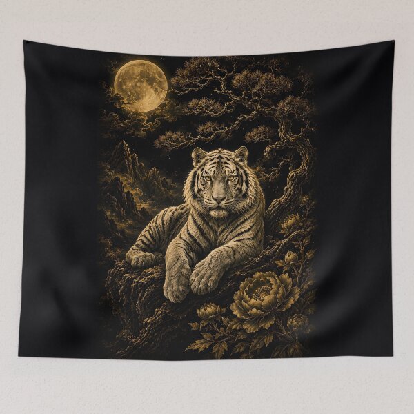Item preview, White Tiger Under Full Moon – Golden Pine Tree Black and Gold Asian Fantasy Art designed and sold by ManJiangHong.