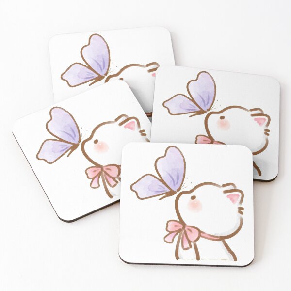 Item preview, Cute White Cat with Pink Bow Looking at Purple Butterfly Kawaii - Watercolor Cat and Butterfly designed and sold by Kiralemon.