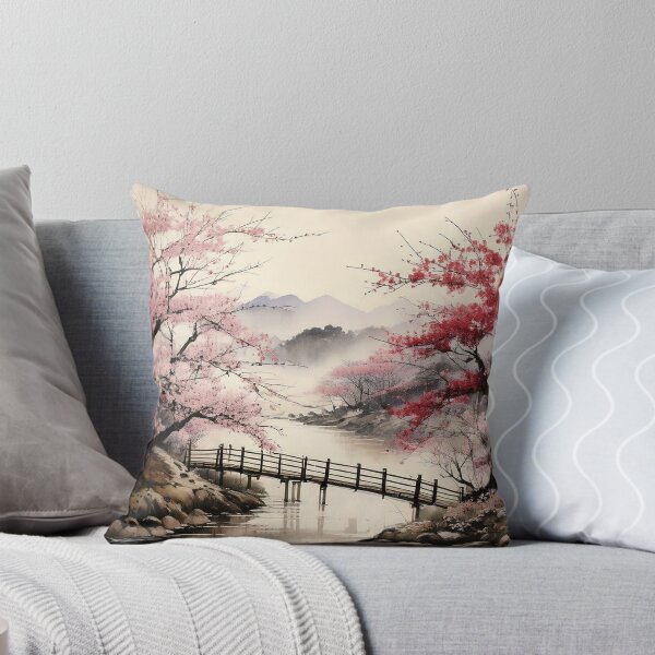 Item preview, Japanese Sumi-e Spring Landscape: Cherry Blossoms and Wooden Bridge designed and sold by gold0911.