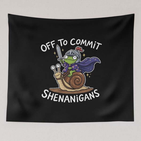 Item preview, Off To Commit Shenanigans Frog Knight Riding Snail – Funny Medieval Meme designed and sold by ZyziowskyArt.