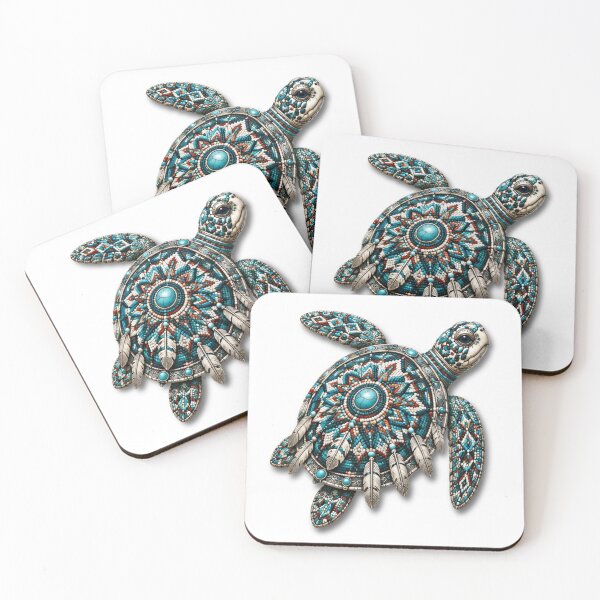 Item preview, Blue Beadwork Sea Turtle | Turquoise Patterned Turtle Art designed and sold by Zaru Art Studio.