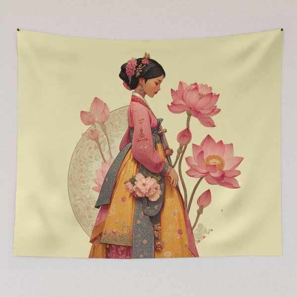 Item preview, Elegant Korean Hanbok Woman with Pink Lotus designed and sold by colorful-white.