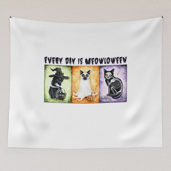 Item preview, Every Day is Meowloween Cat Witch Ghost Skeleton Art designed and sold by OlyvieArt.