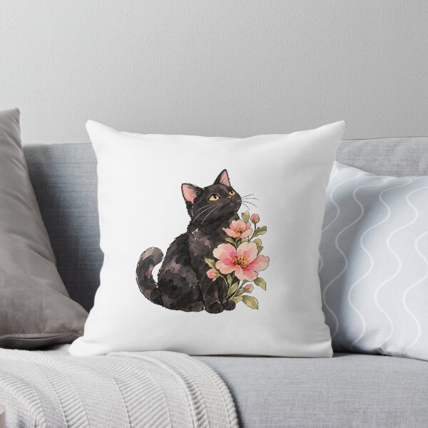 Item preview, Sweet Black Cat with Pink Flowers Watercolor Art designed and sold by Jessie's Palette.