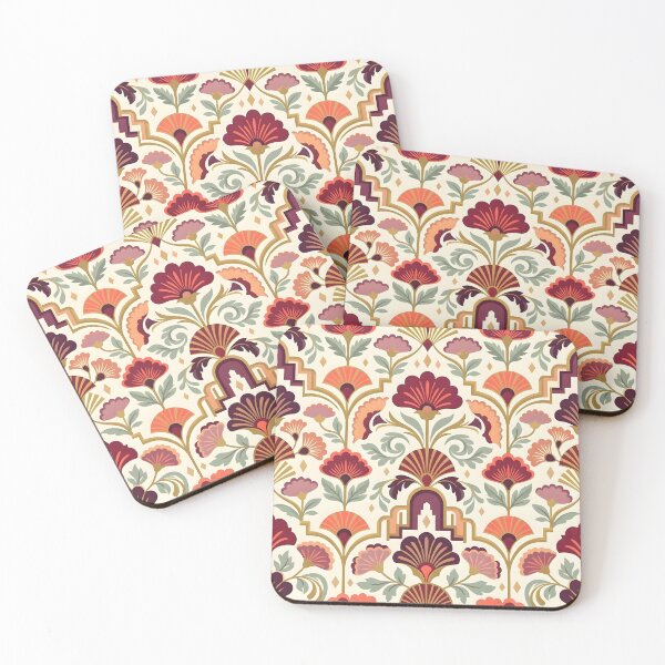 Item preview, Art Deco Burgundy and Coral Floral Textile Pattern designed and sold by Sybille-Yates.