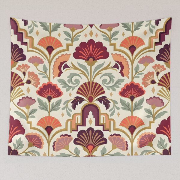Item preview, Art Deco Burgundy and Coral Floral Textile Pattern designed and sold by Sybille-Yates.