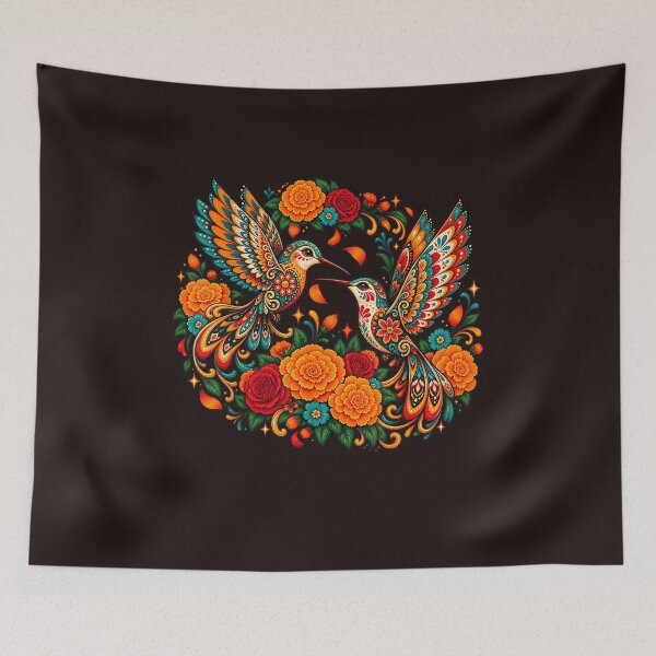 Item preview, Colorful Hummingbirds Marigold Flowers Dia De Los Muertos Art designed and sold by mari-kayden.