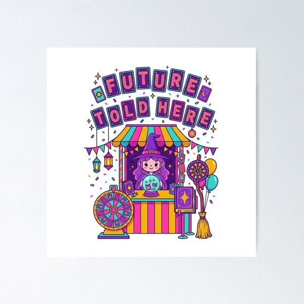 Item preview, FUTURE TOLD HERE Witch Tarot Booth - Kawaii Surreal Halloween Carnival Art designed and sold by jrzvibe.