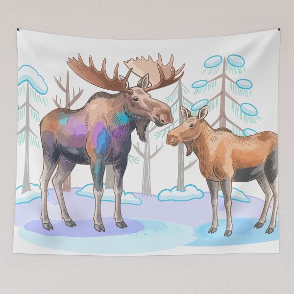 Item preview, Moose Pair in Snowy Winter Forest Art designed and sold by Litely.