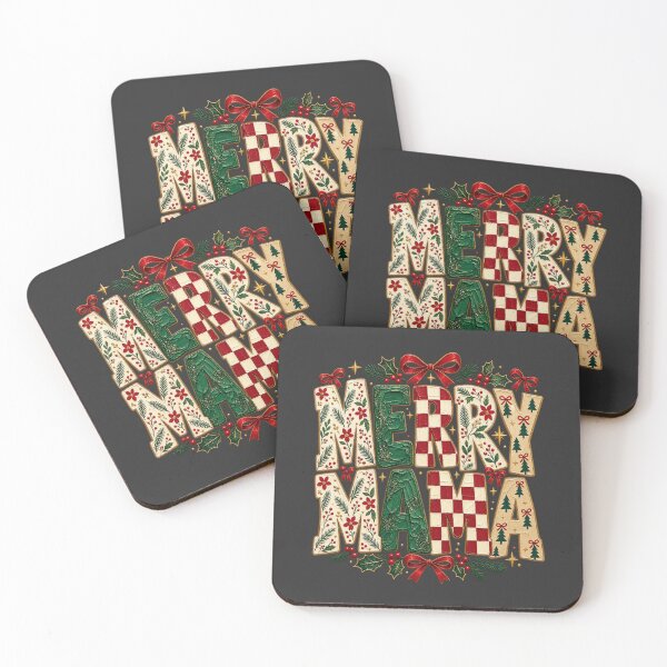 Item preview, Merry Mama Christmas Textured Lettering Holly Bows Checkerboard Art designed and sold by AmiGraph.