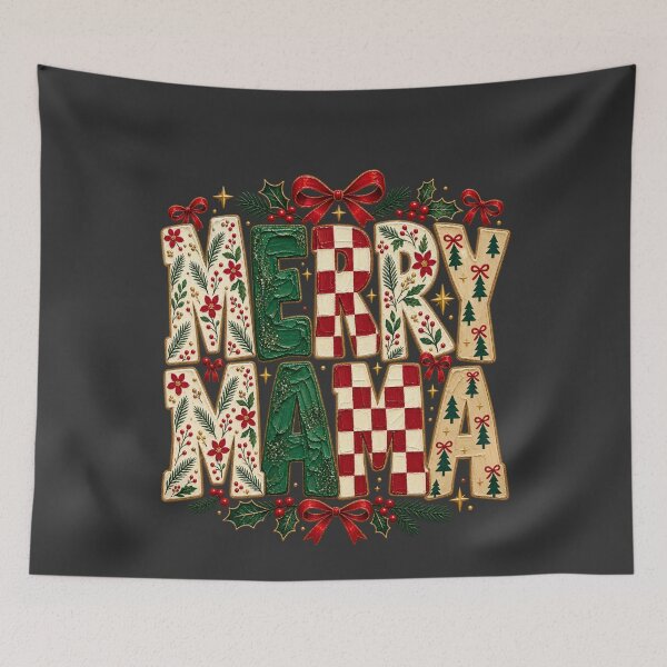 Item preview, Merry Mama Christmas Textured Lettering Holly Bows Checkerboard Art designed and sold by AmiGraph.