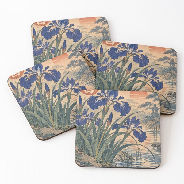 Item preview, Japanese Iris - Blue Irises by Sunset Pond and Stone Lantern designed and sold by bapupa.