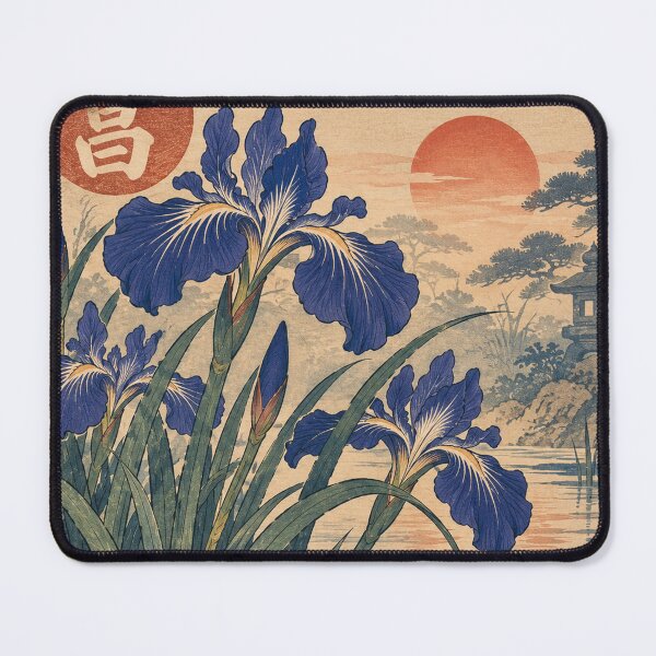 Item preview, Japanese Iris - Blue Irises by Sunset Pond and Stone Lantern designed and sold by bapupa.