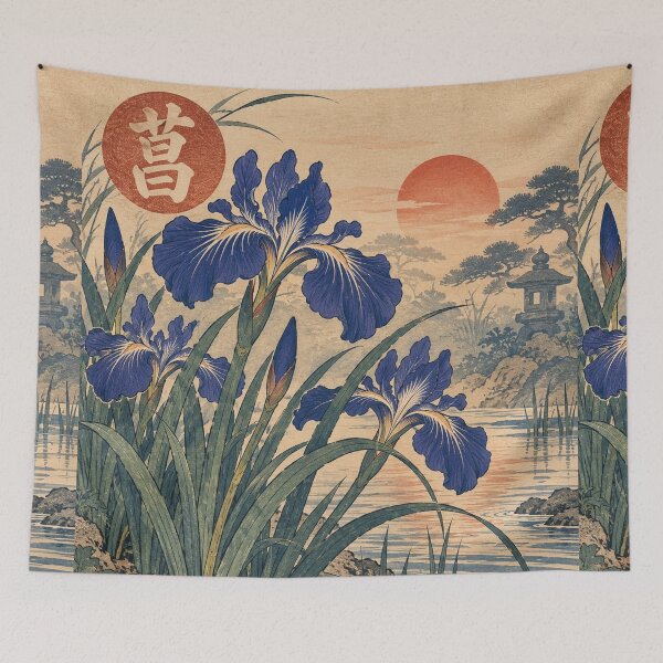 Item preview, Japanese Iris - Blue Irises by Sunset Pond and Stone Lantern designed and sold by bapupa.