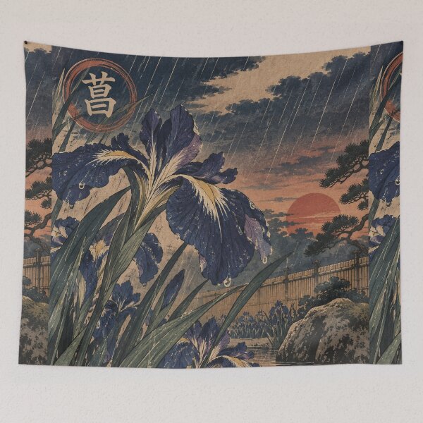 Item preview, Japanese Iris - Raindrop Irises Beside Garden Pond at Dusk designed and sold by bapupa.