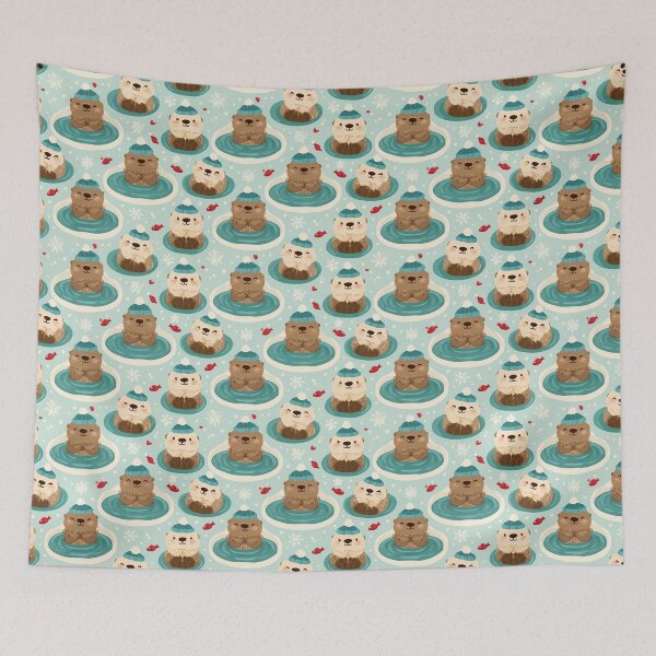 Item preview, Adorable Otters Winter Hat Snowflakes Pattern designed and sold by NicolasGlowArt.