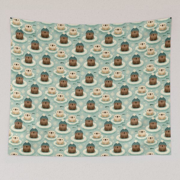 Item preview, Adorable Winter Otters in Beanies Snowflakes Pattern designed and sold by NicolasGlowArt.