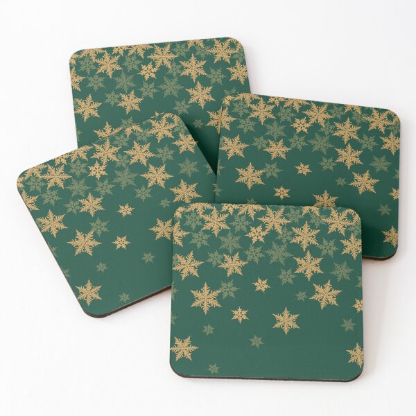 Item preview, Retro Christmas pattern with golden snowflakes falling on dark green designed and sold by patternsbymira.
