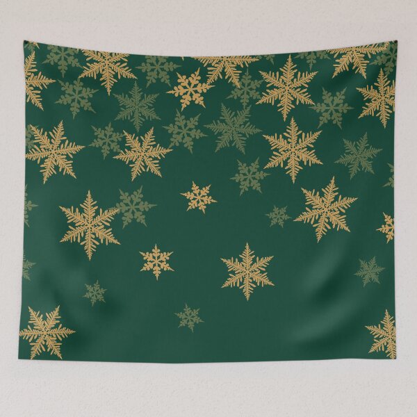 Item preview, Retro Christmas pattern with golden snowflakes falling on dark green designed and sold by patternsbymira.