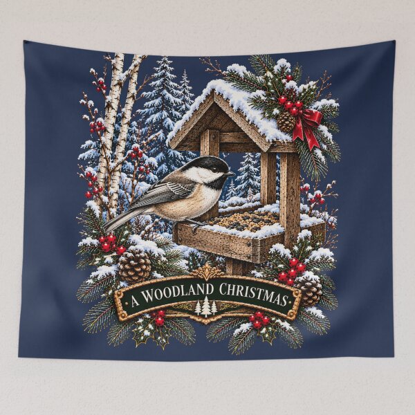 Item preview, Chickadee Christmas Vintage Bird Feeder Winter Holly Art designed and sold by CalmCapy Co.