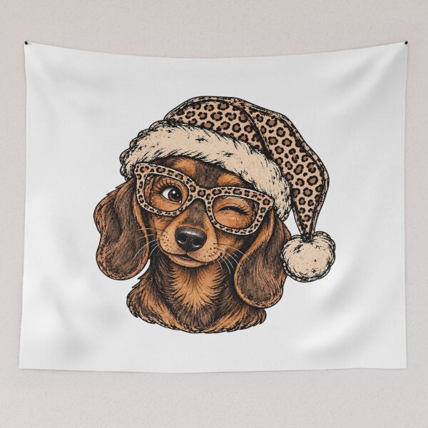 Item preview, Christmas Dachshund with Leopard Hat and Glasses designed and sold by HuserPiri.