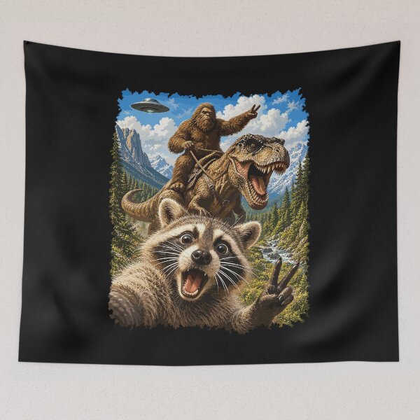 Item preview, Raccoon Selfie With Bigfoot Riding T-Rex Dinosaur UFO designed and sold by Designart68.