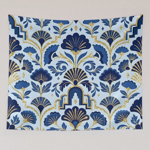 Item preview, Art Deco Blue and Gold Glitter Lotus Flower Pattern designed and sold by Sybille-Yates.