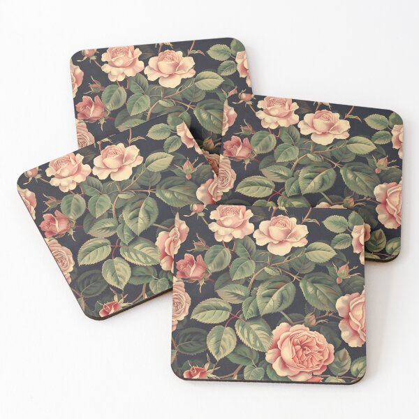 Item preview, Pink roses old botanical painting on dark background, vintage style designed and sold by LeAllureVintage.