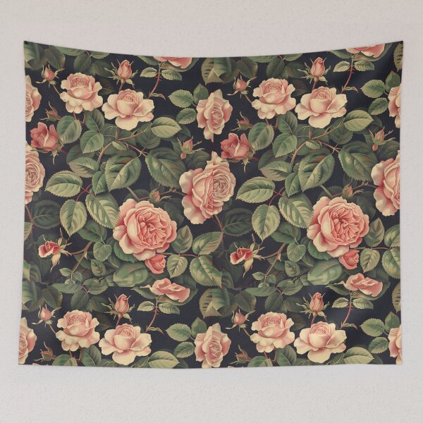 Item preview, Pink roses old botanical painting on dark background, vintage style designed and sold by LeAllureVintage.