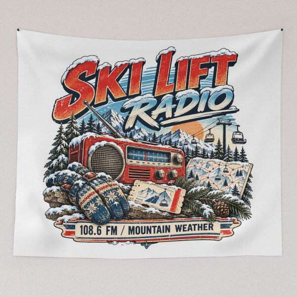 Item preview, Ski Lift Radio 108.6 FM Retro Mountain Winter Graphic designed and sold by pradeepvisuals.
