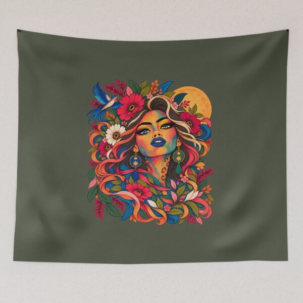 Item preview, Moonflower Muse – Colorful Woman with Flowers and Moon designed and sold by Aimetoi.