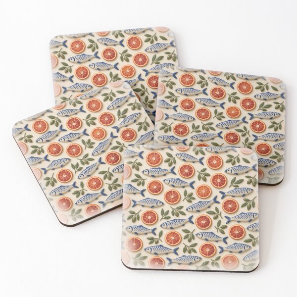 Item preview, Mediterranean Sardines and Citrus – Blue Ceramic Fish and Orange Pattern designed and sold by Kaleidoscope Print.