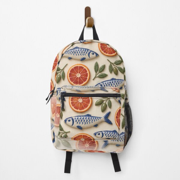 Item preview, Mediterranean Sardines and Citrus – Blue Ceramic Fish and Orange Pattern designed and sold by Kaleidoscope Print.